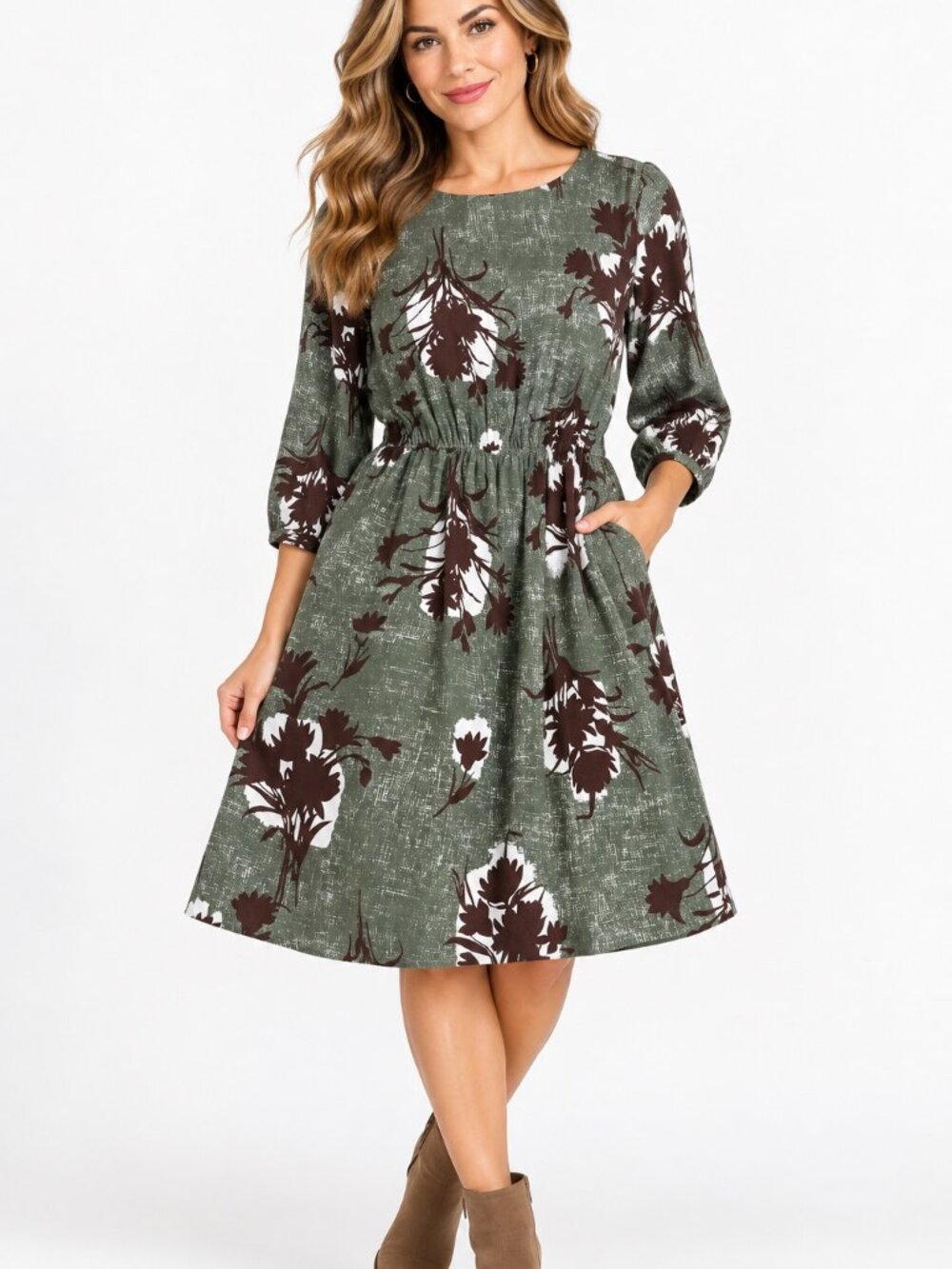Boden Women’s 6 Green Floral Long Sleeve Dress Elastic Waist Pockets Knee Length